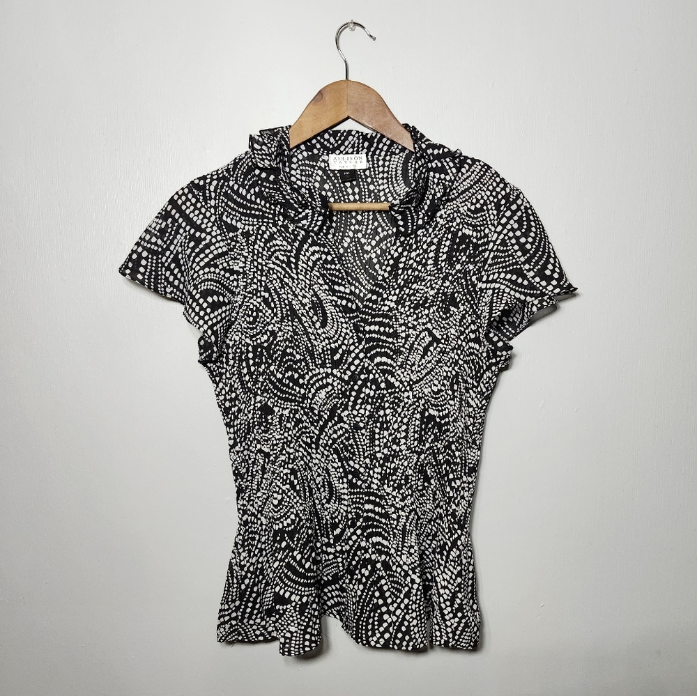 Abstract Dotted Flowy Cinched Neckline Ruffled Dressy Button Down Top